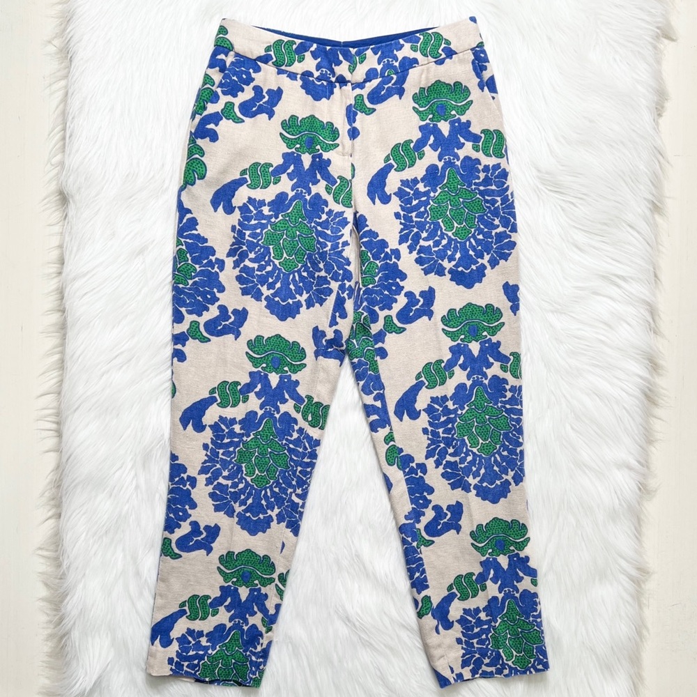 SOLD-Boden Blue & Green Damask Printed Cream Cropped Linen Pants - Picture 3 of 9